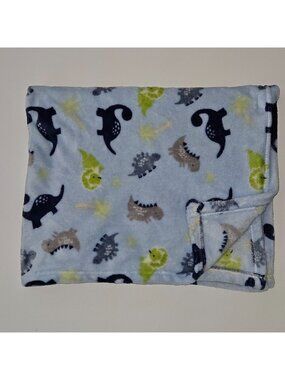 Parent's Choice Blue Dinosaur Fleece Baby Blanket Gray Green Trees 30x36 SOFT